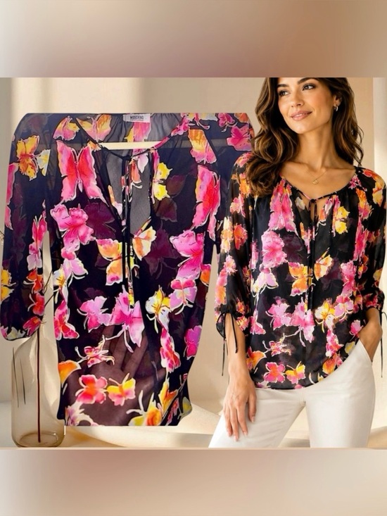 Moschino Tops - Vintage Moschino Butterfly Print Sheer Blouse Black Pink Y2K Chiffon Top